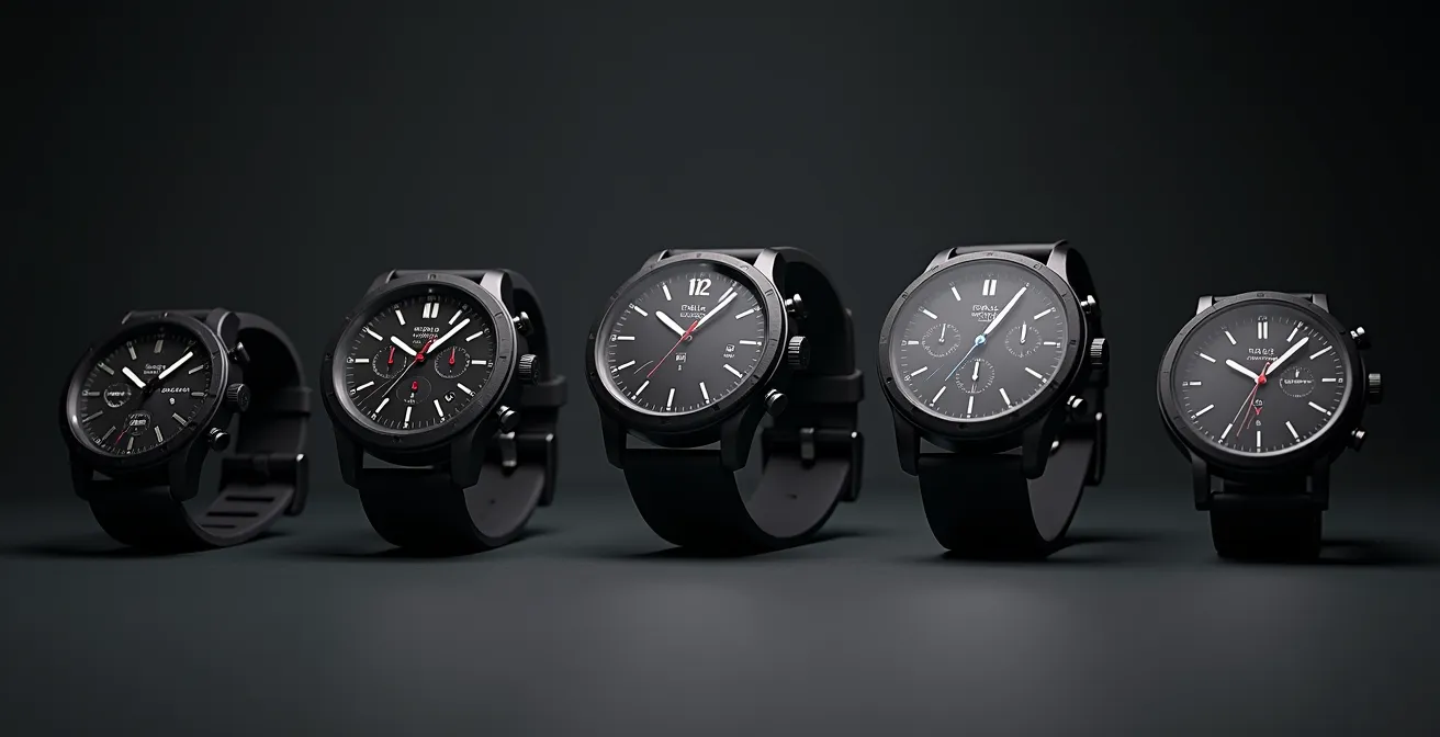 Gamme de montres Ralf Tech alignées pour comparaison visuelle