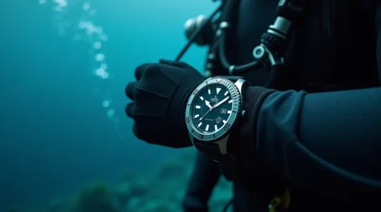 Montre Ralf Tech robuste portée par un plongeur professionnel en eaux profondes, ambiance plongée extrême