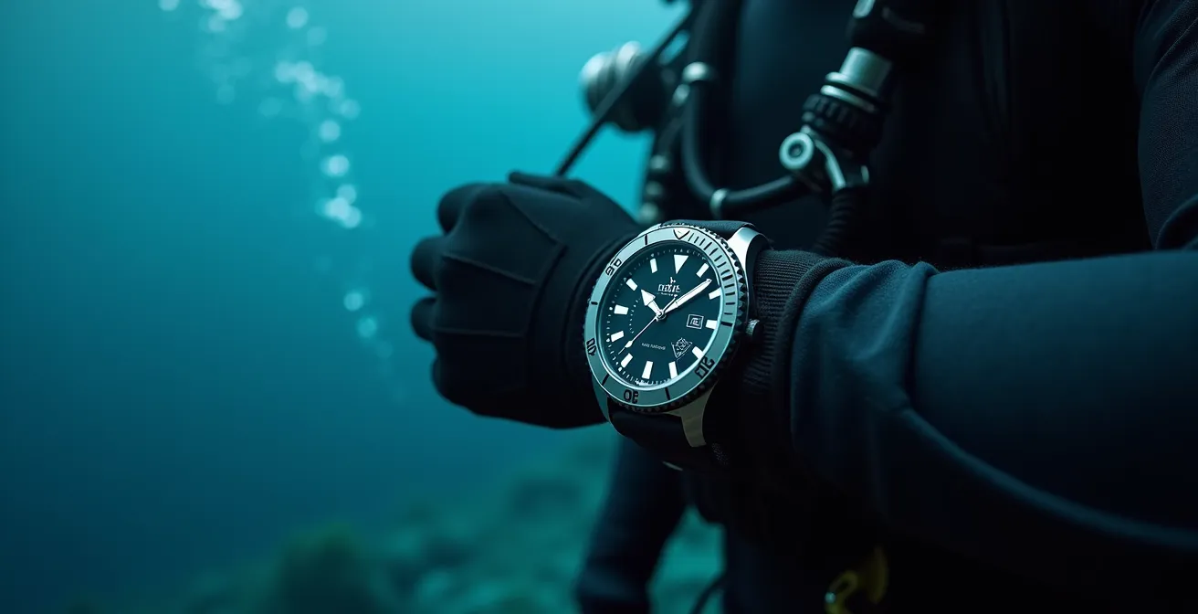 Montre Ralf Tech robuste portée par un plongeur professionnel en eaux profondes, ambiance plongée extrême