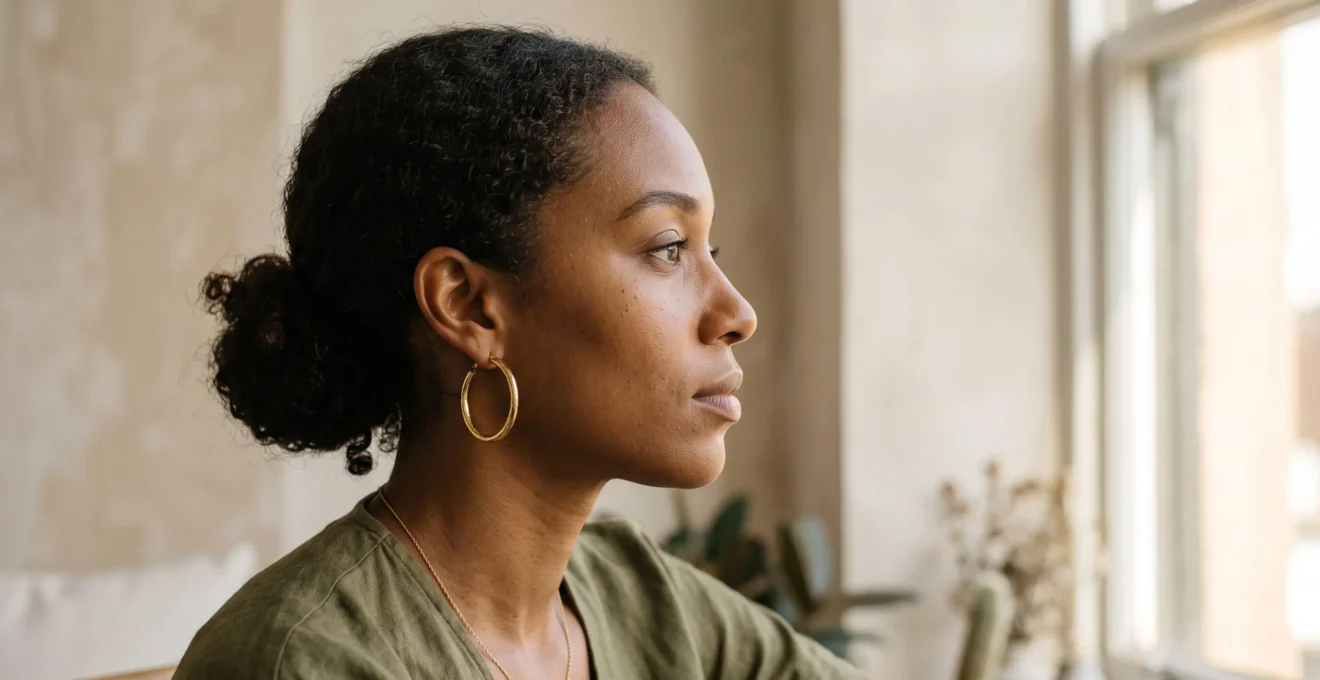 Portrait de profil d'une femme aux traits caribéens portant des créoles en or de diamètre moyen, lumière naturelle révélant l'harmonie entre le bijou et la forme du visage